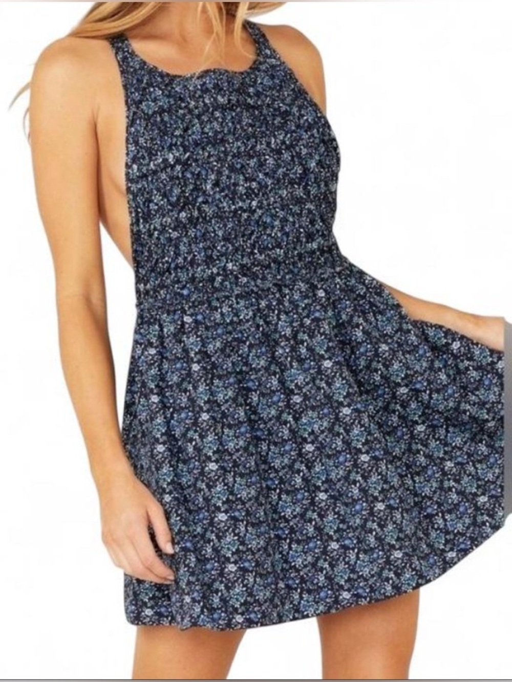 Free People Petunia Mini Dress Blue Floral Smocked Boho Backless - Size S